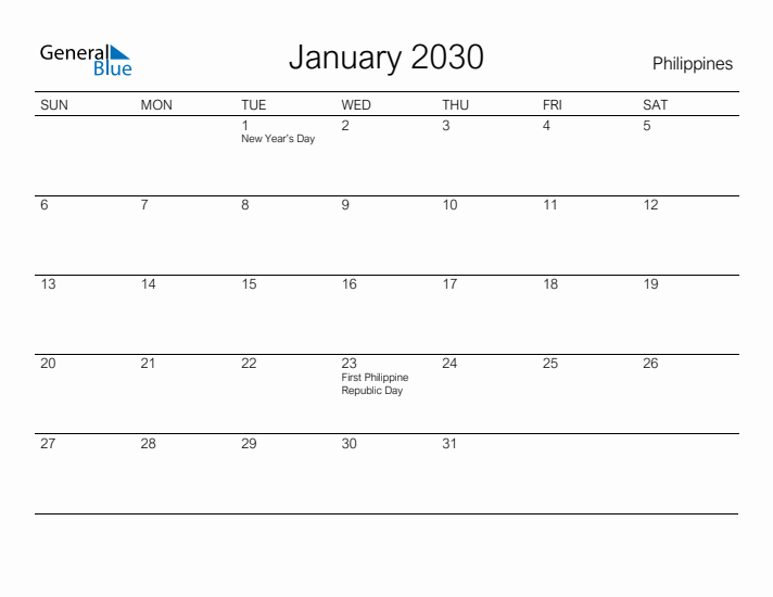 Printable January 2030 Calendar for Philippines