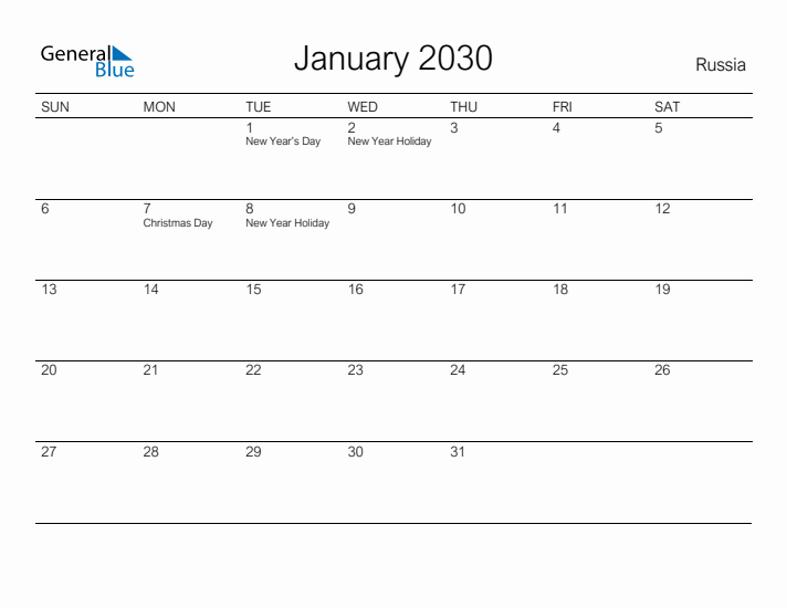 Printable January 2030 Calendar for Russia