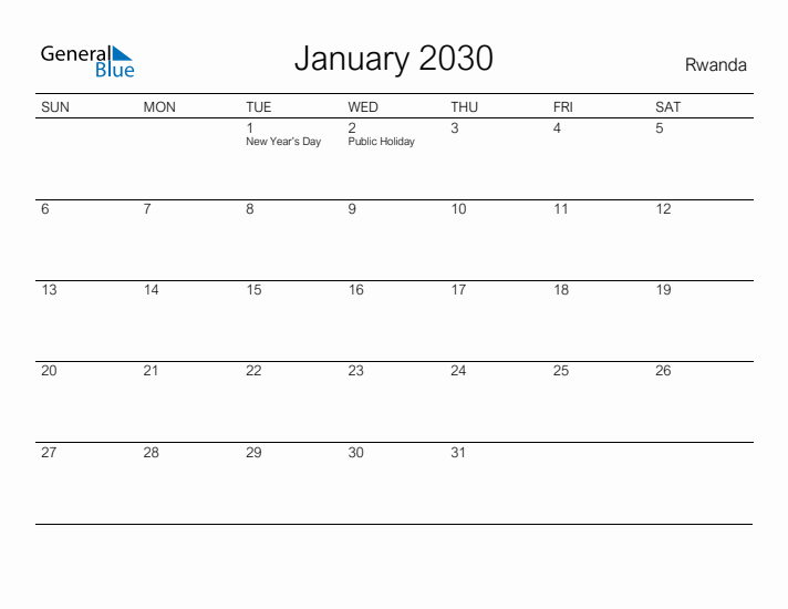 Printable January 2030 Calendar for Rwanda