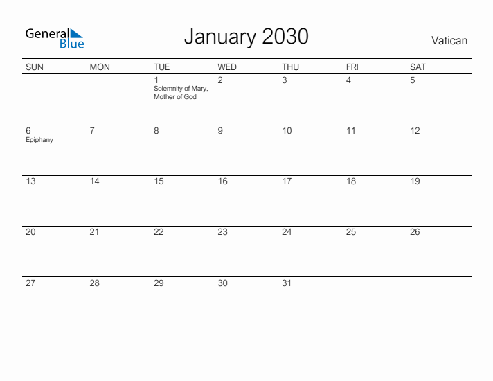 Printable January 2030 Calendar for Vatican