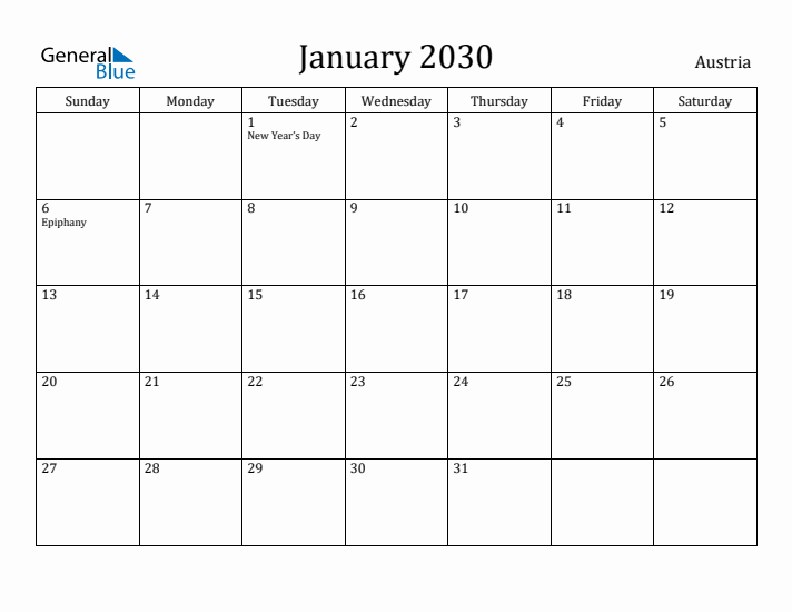 January 2030 Calendar Austria