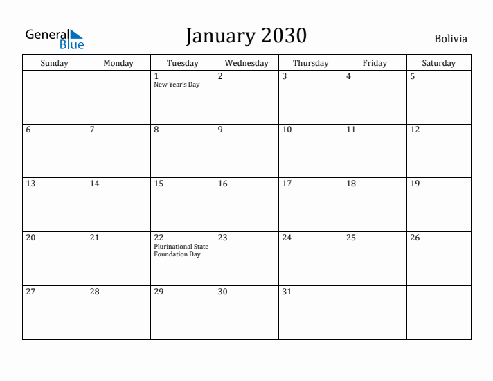 January 2030 Calendar Bolivia