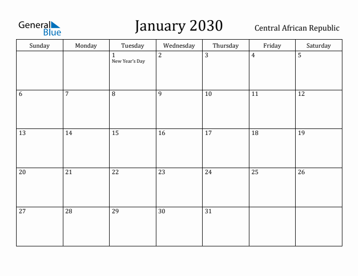 January 2030 Calendar Central African Republic