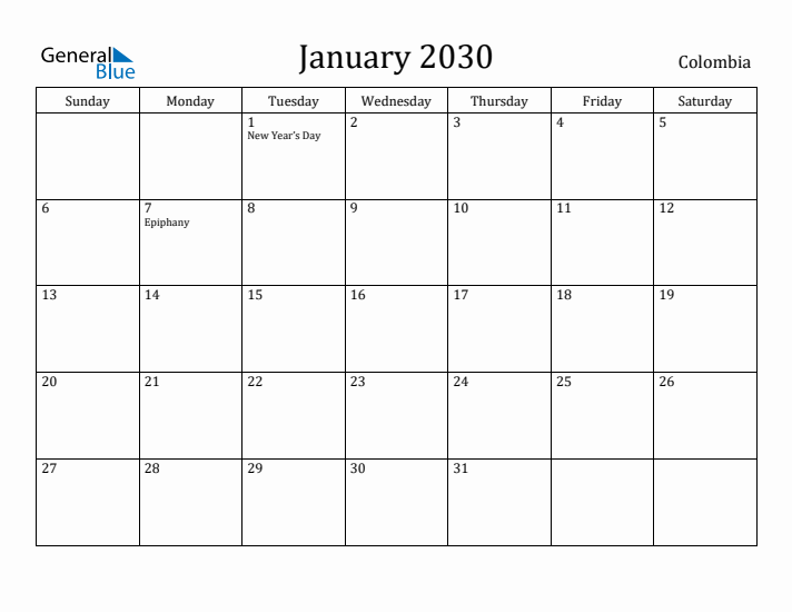 January 2030 Calendar Colombia