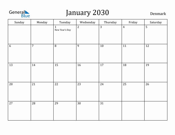 January 2030 Calendar Denmark