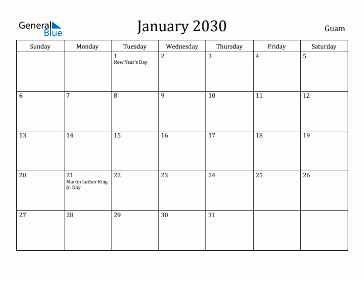 January 2030 Calendar Guam