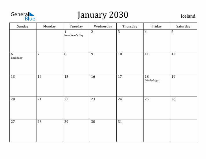 January 2030 Calendar Iceland