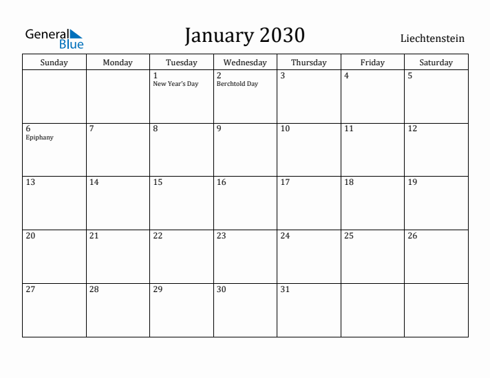 January 2030 Calendar Liechtenstein