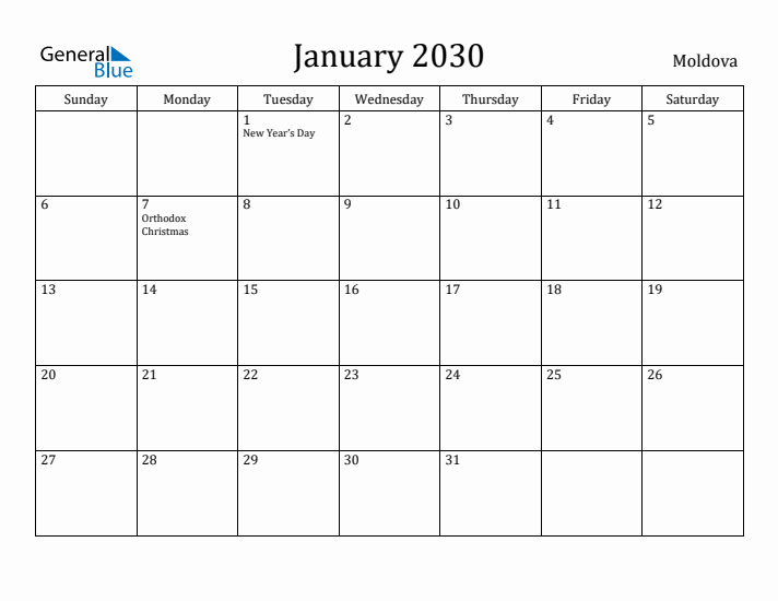 January 2030 Calendar Moldova