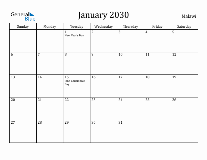 January 2030 Calendar Malawi