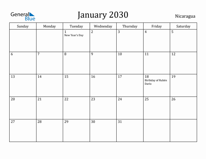 January 2030 Calendar Nicaragua