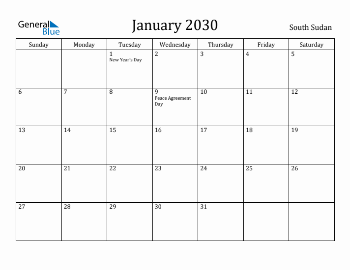 January 2030 Calendar South Sudan