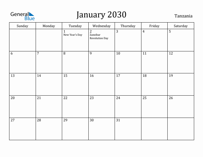 January 2030 Calendar Tanzania