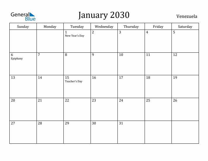 January 2030 Calendar Venezuela