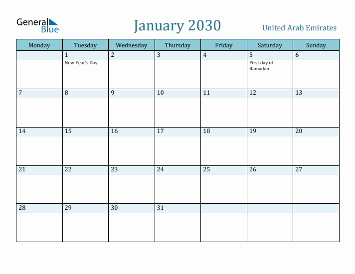 January 2030 Calendar with Holidays