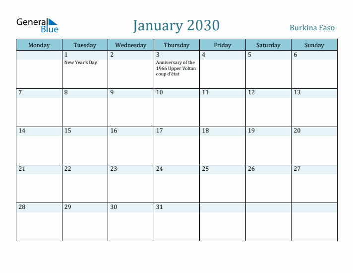 January 2030 Calendar with Holidays