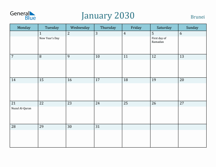 January 2030 Calendar with Holidays