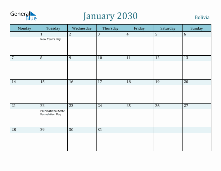 January 2030 Calendar with Holidays