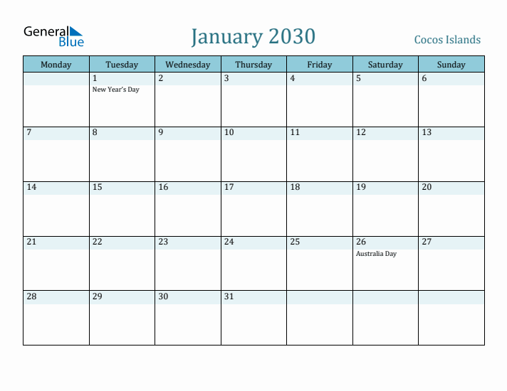 January 2030 Calendar with Holidays