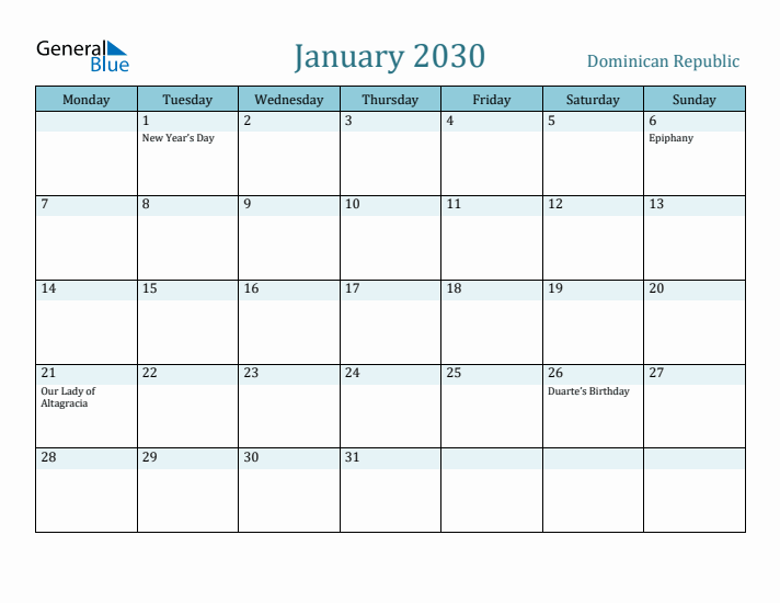 January 2030 Calendar with Holidays