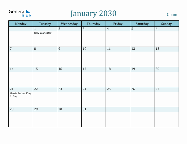 January 2030 Calendar with Holidays