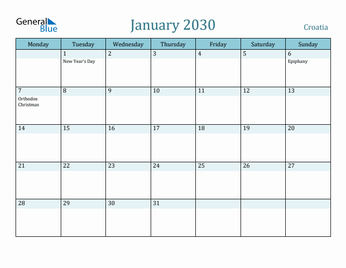 January 2030 Calendar with Holidays