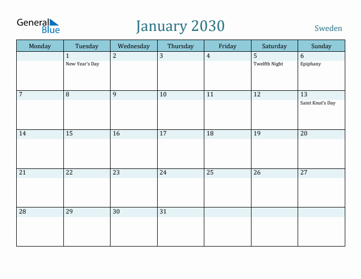 January 2030 Calendar with Holidays