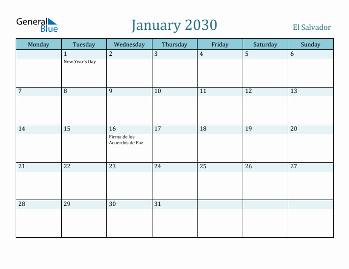 January 2030 Calendar with Holidays