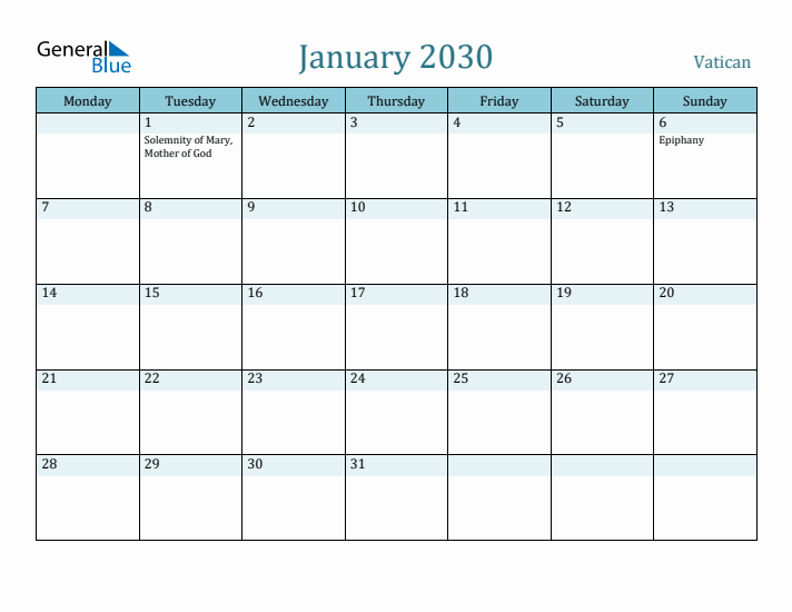 January 2030 Calendar with Holidays