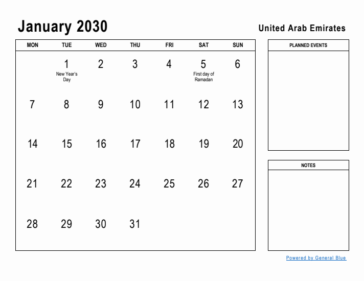 January 2030 Printable Monthly Calendar with United Arab Emirates Holidays