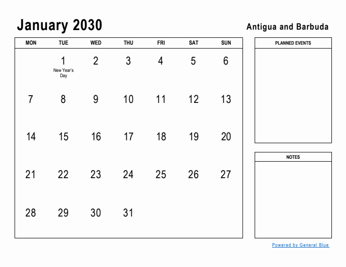 January 2030 Printable Monthly Calendar with Antigua and Barbuda Holidays