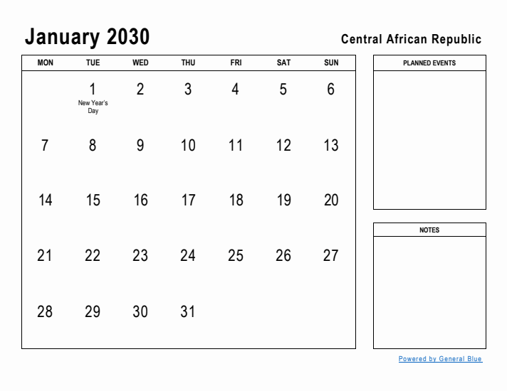 January 2030 Printable Monthly Calendar with Central African Republic Holidays