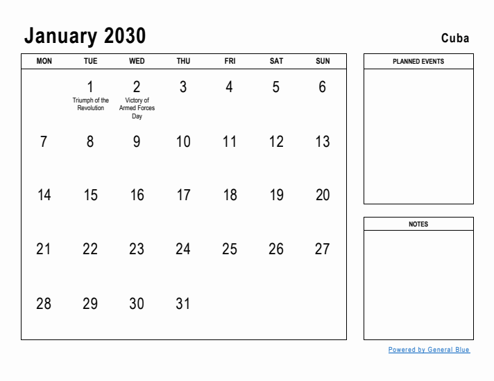 January 2030 Printable Monthly Calendar with Cuba Holidays