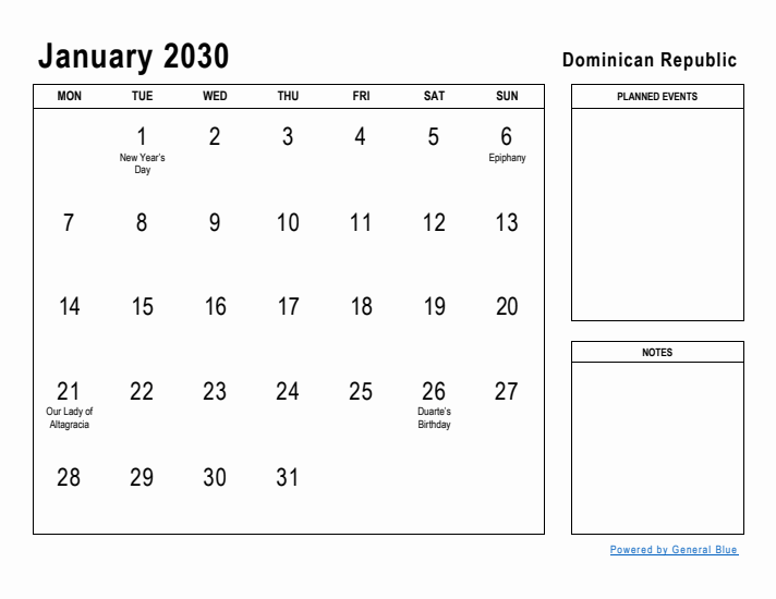 January 2030 Printable Monthly Calendar with Dominican Republic Holidays