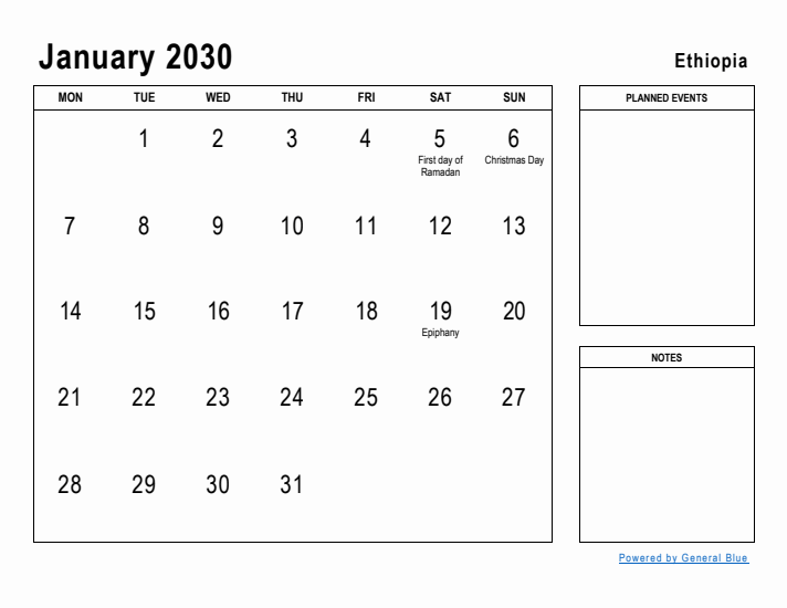 January 2030 Printable Monthly Calendar with Ethiopia Holidays