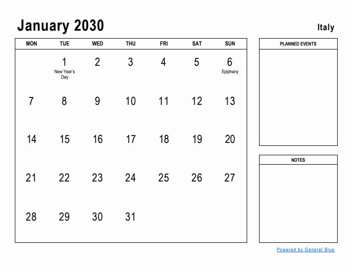 January 2030 Printable Monthly Calendar with Italy Holidays