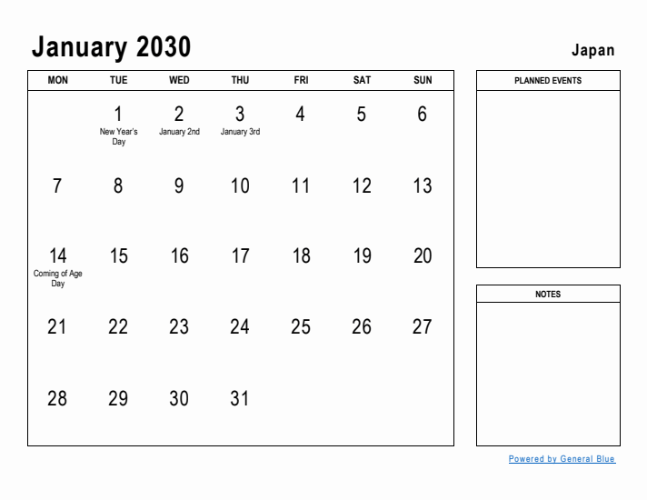 January 2030 Printable Monthly Calendar with Japan Holidays