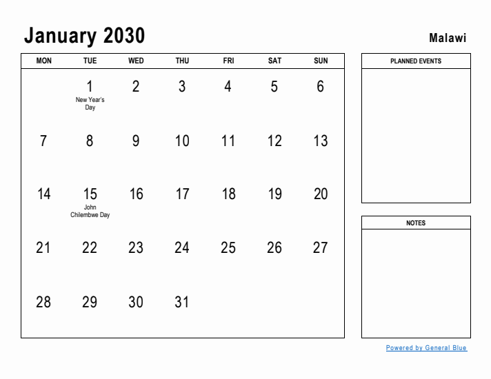 January 2030 Printable Monthly Calendar with Malawi Holidays