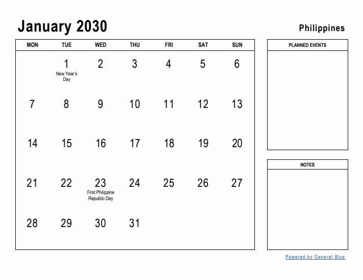 January 2030 Printable Monthly Calendar with Philippines Holidays