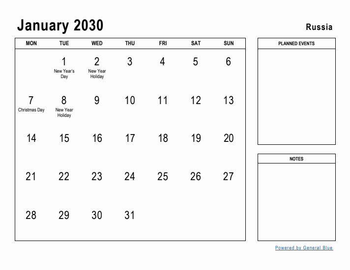 January 2030 Printable Monthly Calendar with Russia Holidays