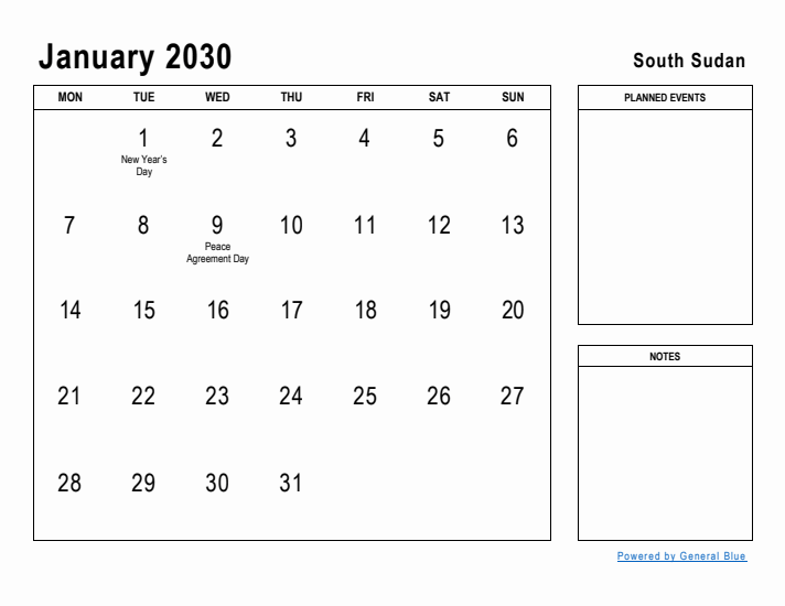 January 2030 Printable Monthly Calendar with South Sudan Holidays