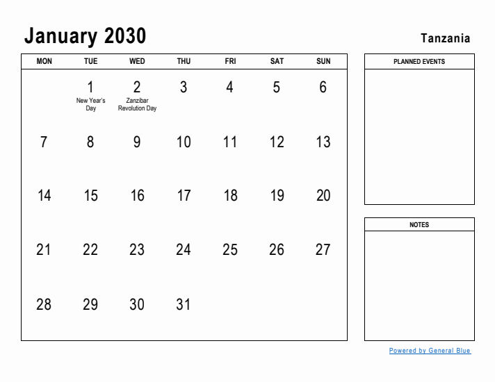 January 2030 Printable Monthly Calendar with Tanzania Holidays