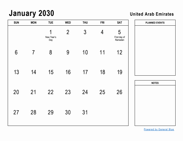 January 2030 Printable Monthly Calendar with United Arab Emirates Holidays