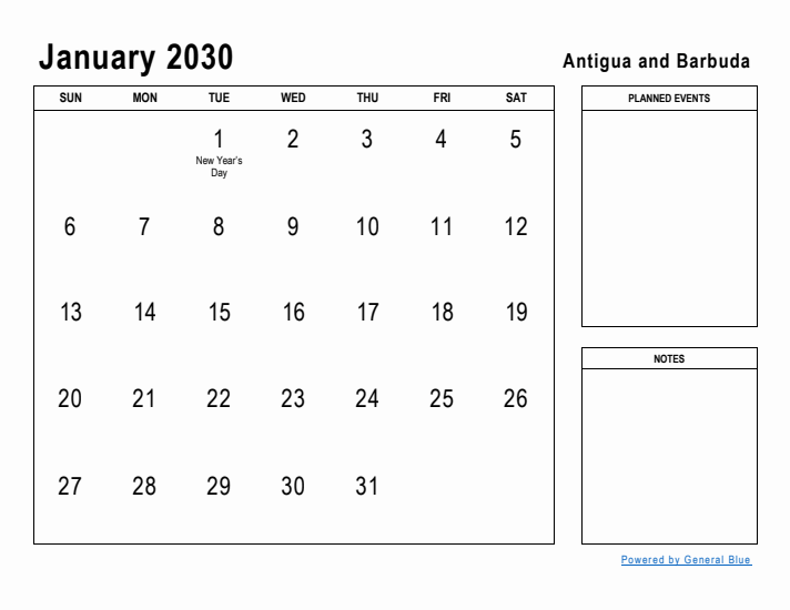 January 2030 Printable Monthly Calendar with Antigua and Barbuda Holidays