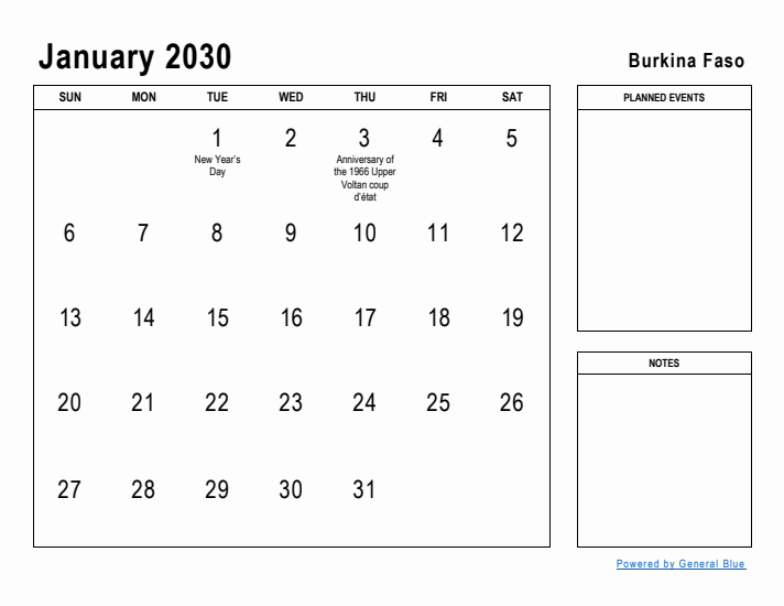 January 2030 Printable Monthly Calendar with Burkina Faso Holidays