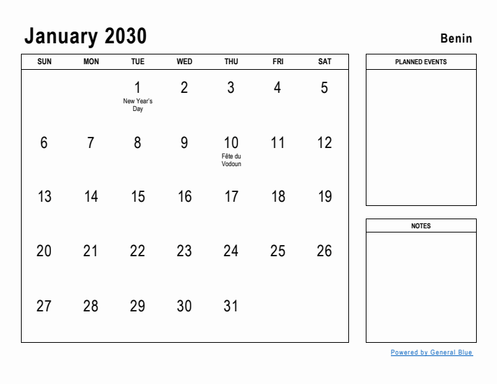 January 2030 Printable Monthly Calendar with Benin Holidays