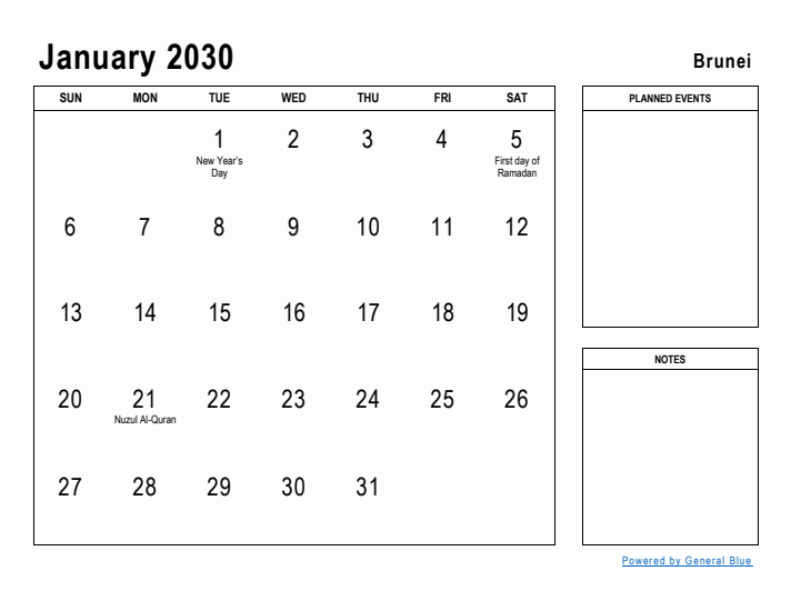 January 2030 Printable Monthly Calendar with Brunei Holidays