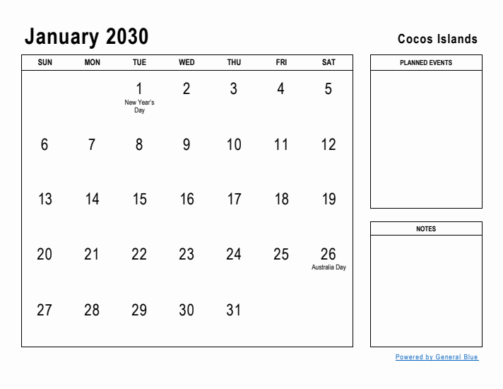 January 2030 Printable Monthly Calendar with Cocos Islands Holidays