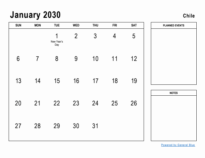 January 2030 Printable Monthly Calendar with Chile Holidays