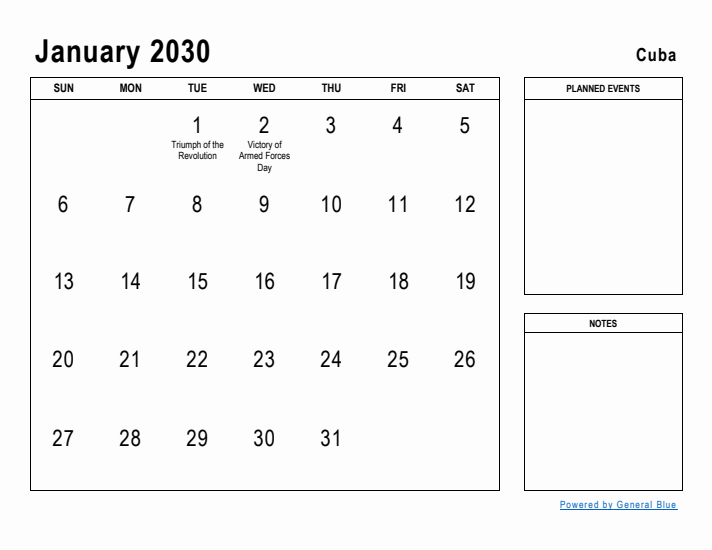 January 2030 Printable Monthly Calendar with Cuba Holidays